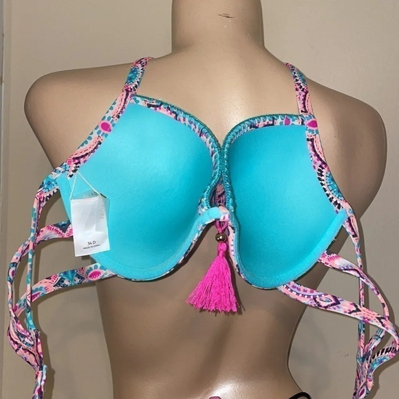 Shade & Shore womens 34D medium bikini bathing suit swim top push up pink tassel - Picture 6 of 7